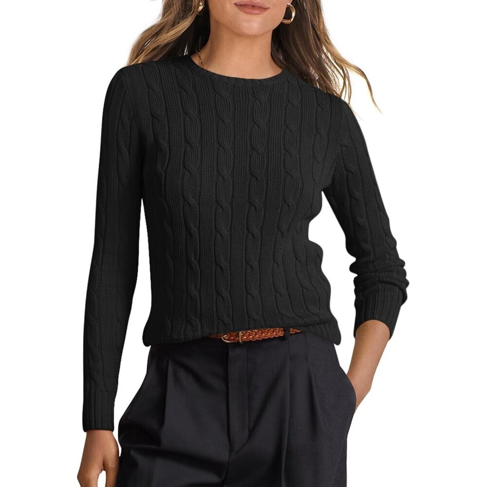 Women's Cable Knit Sweater Crewneck Pullover Long Sleeve Casual Dressy Top